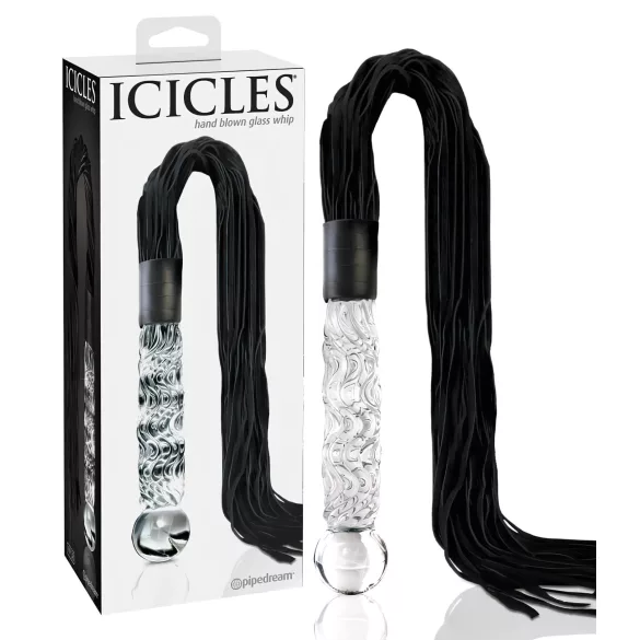 Icicles No. 38 - bőr korbács és üveg dildó (átlátszó-fekete)