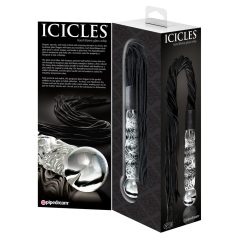   Icicles No. 38 - bőr korbácsos, hullámos üveg dildó (áttetsző-fekete)