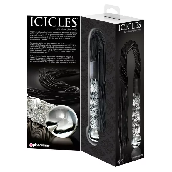 Icicles No. 38 - bőr korbács és üveg dildó (átlátszó-fekete)