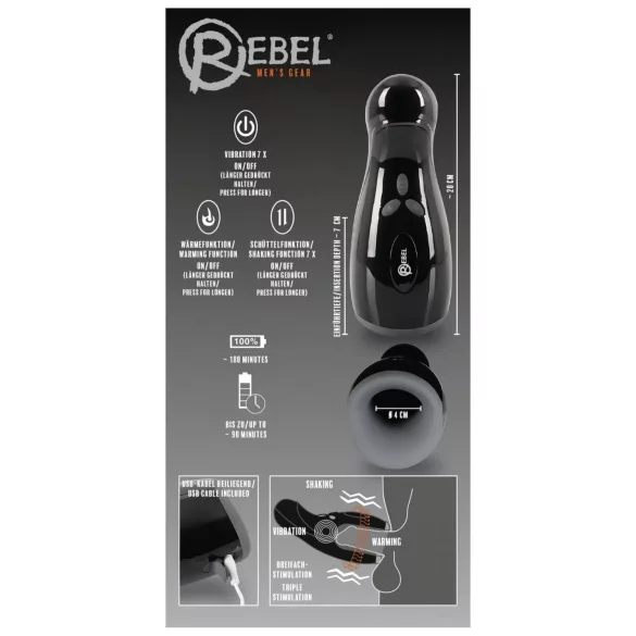 Rebel - fűthető, vibráló, fel-le mozgó maszturbátor (fekete)