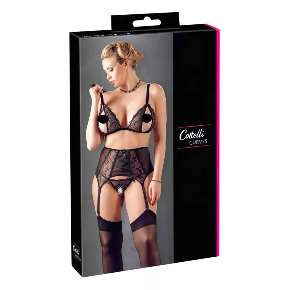 Cottelli Plus Size - csipke fehérnemű trió (fekete)