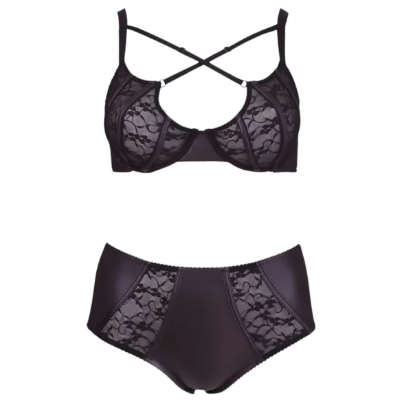 Cottelli Plus Size - keresztpántos melltartó és bugyi (fekete)
