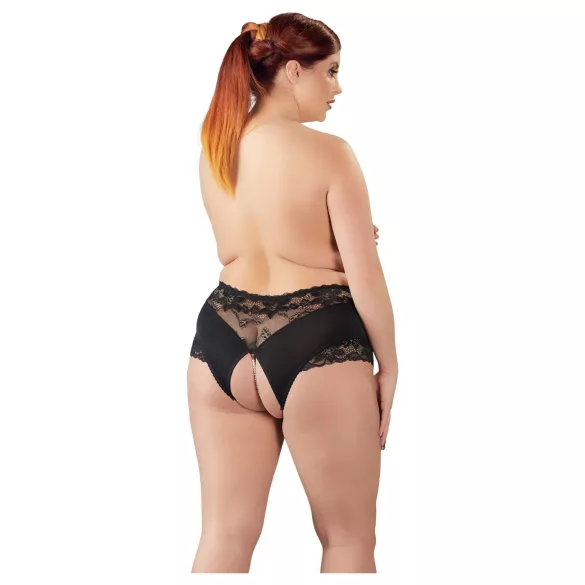 Cottelli Plus Size - csipkés gyöngyös nyitott bugyi (fekete)