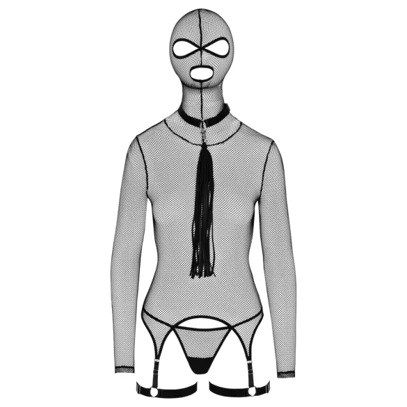 Bad Kitty - BDSM áttetsző necc szett korbáccsal (fekete)