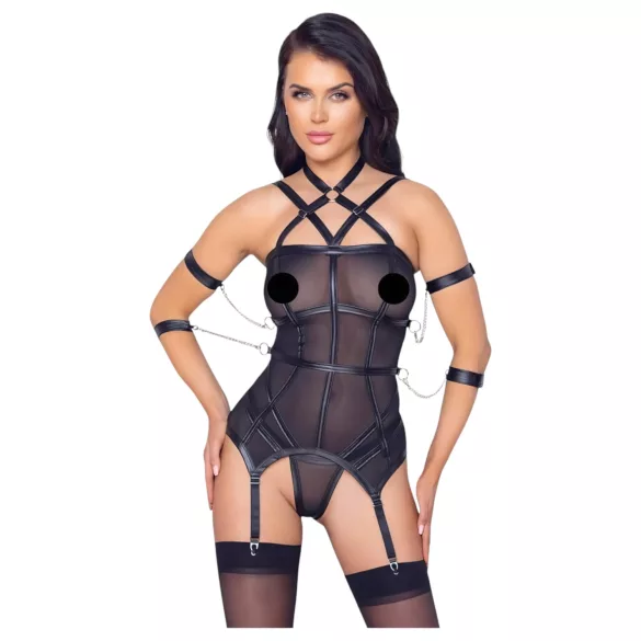 Cottelli Bondage - pántos felső, kar bilincs és tanga (fekete)