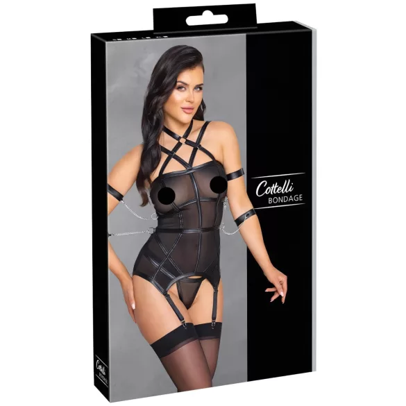 Cottelli Bondage - pántos felső, kar bilincs és tanga (fekete)