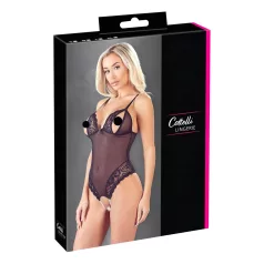 Cottelli - csipkés, gyöngyös nyitott body (fekete)