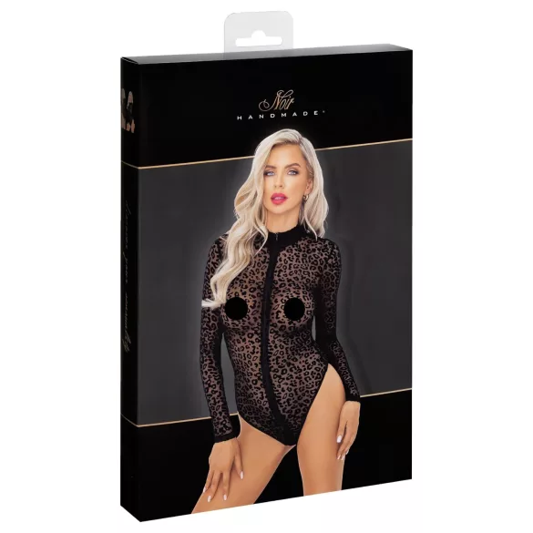 Noir - leopárd mintás, hosszúujjú body (fekete)