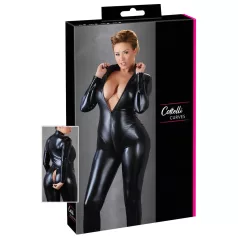   Cottelli Plus Size - fényes hosszúujjú party overál, macskanő jelmez (fekete)