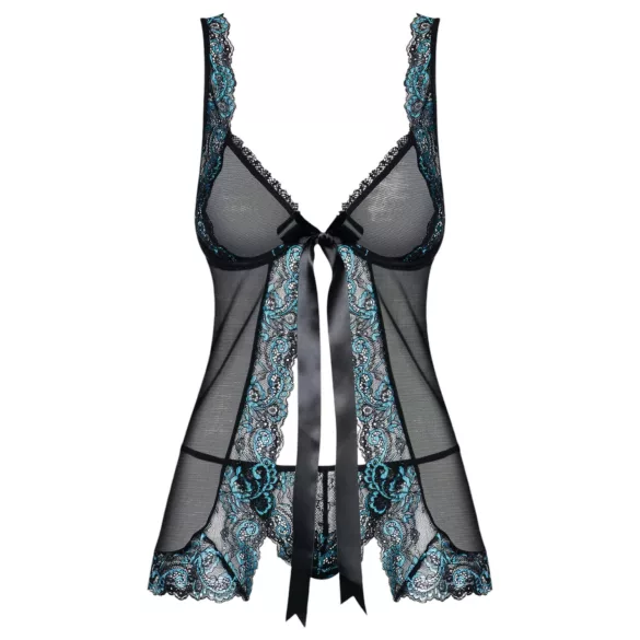Obsessive Amanta - hímzett babydoll és tanga (fekete-türkiz)