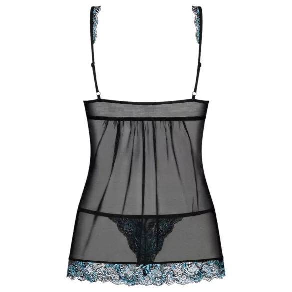 Obsessive Amanta - hímzett babydoll és tanga (fekete-türkiz)