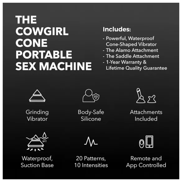 The Cowgirl Cone - app-vezérelt prémium szexgép - 2 cserélhető feltéttel, 20 rezgésmód (fekete)
