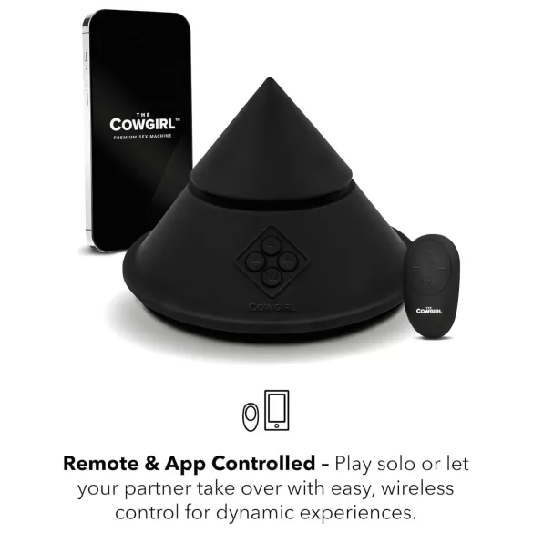 The Cowgirl Cone - app-vezérelt prémium szexgép - 2 cserélhető feltéttel, 20 rezgésmód (fekete)
