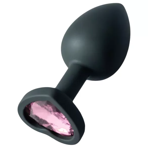 Sunfo - szilikon anál plug szív alakú rózsaszín kővel (fekete)