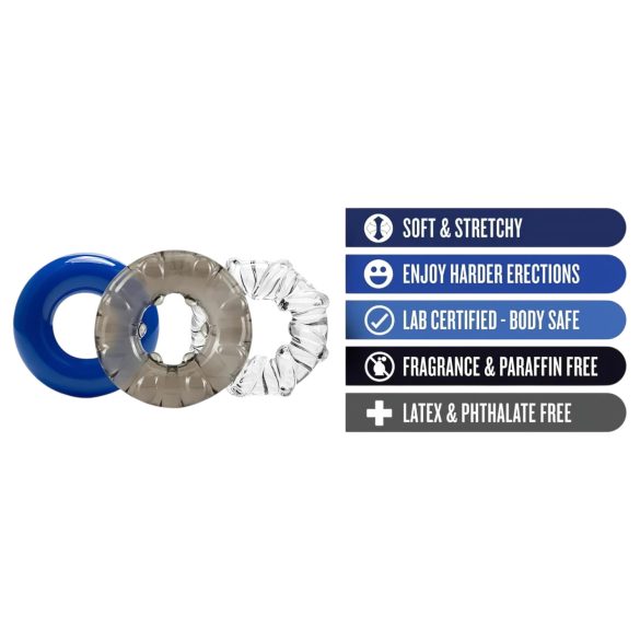 Stay Hard - változatos péniszgyűrű szett - 3db (színes)