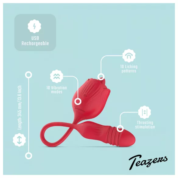 Teazers Rose - lökő vibrátor nyelves csiklóizgatóval (piros)
