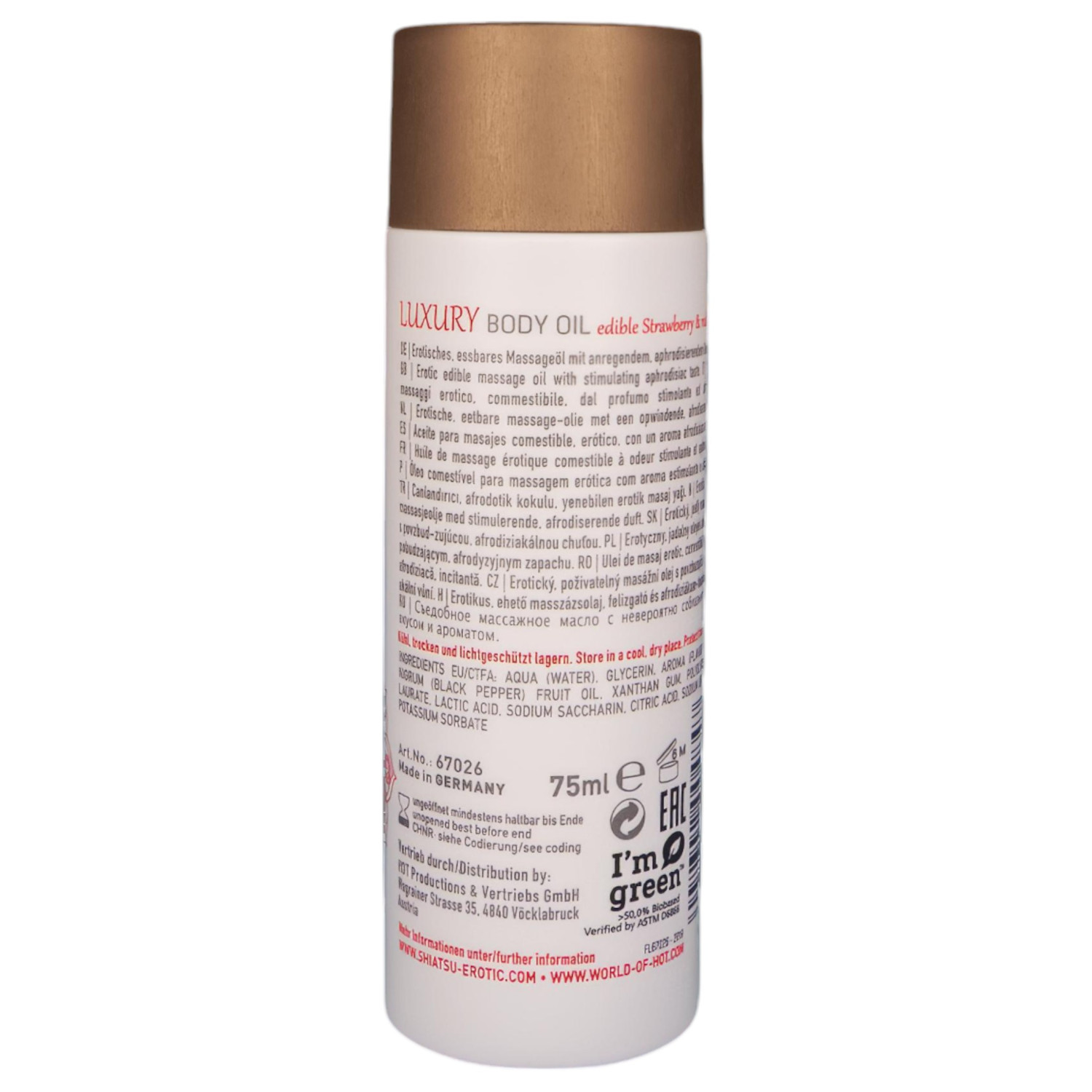 HOT - Shiatsu Luxury - ehető masszázsolaj - eper-vörösbors (75 ml)