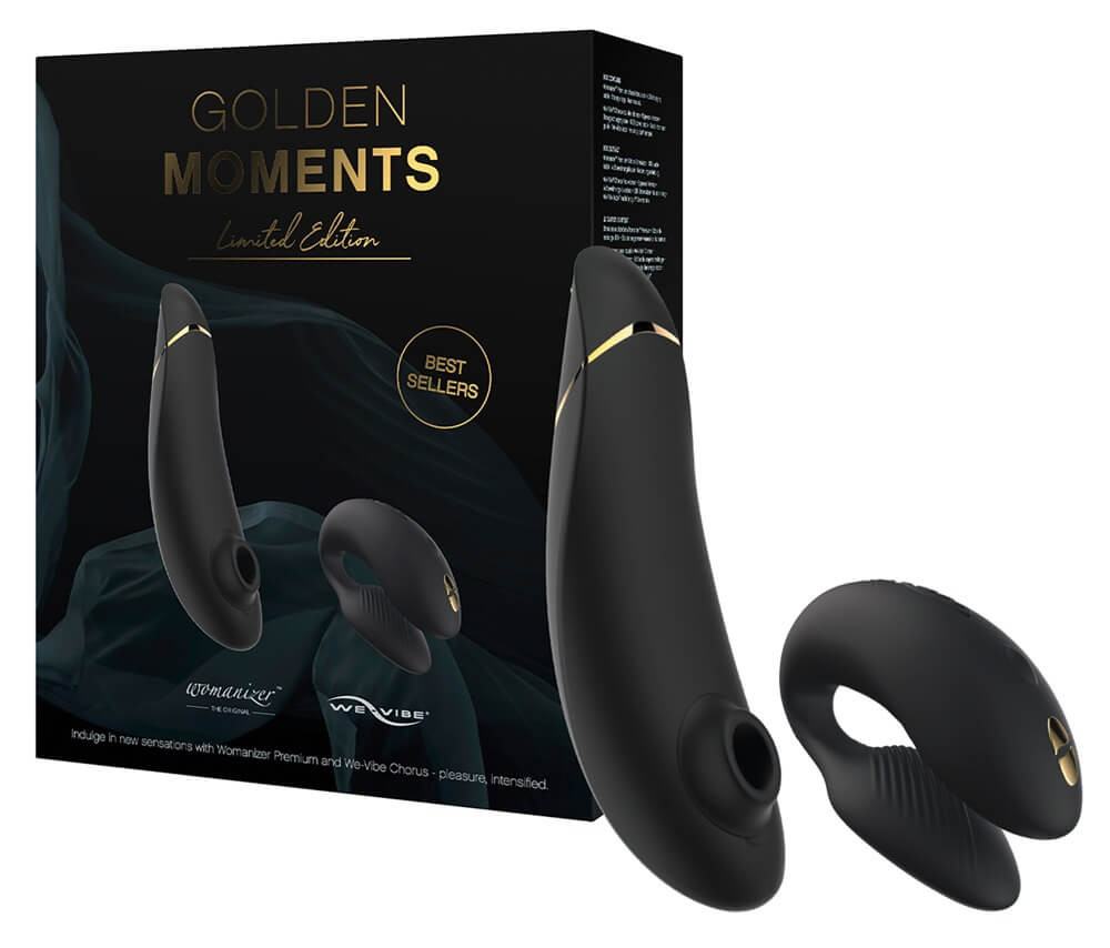 Womanizer Golden Moments - léghullámos csiklóizgatós párvibrátor szett (fekete)