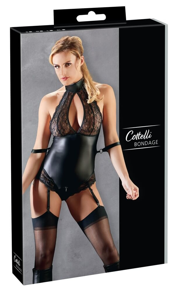 Cottelli Bondage - csipkés-fényes body kézrögzítőkkel (fekete) Cottelli Bondage - csipkés-fényes body kézrögzítőkkel (fekete)