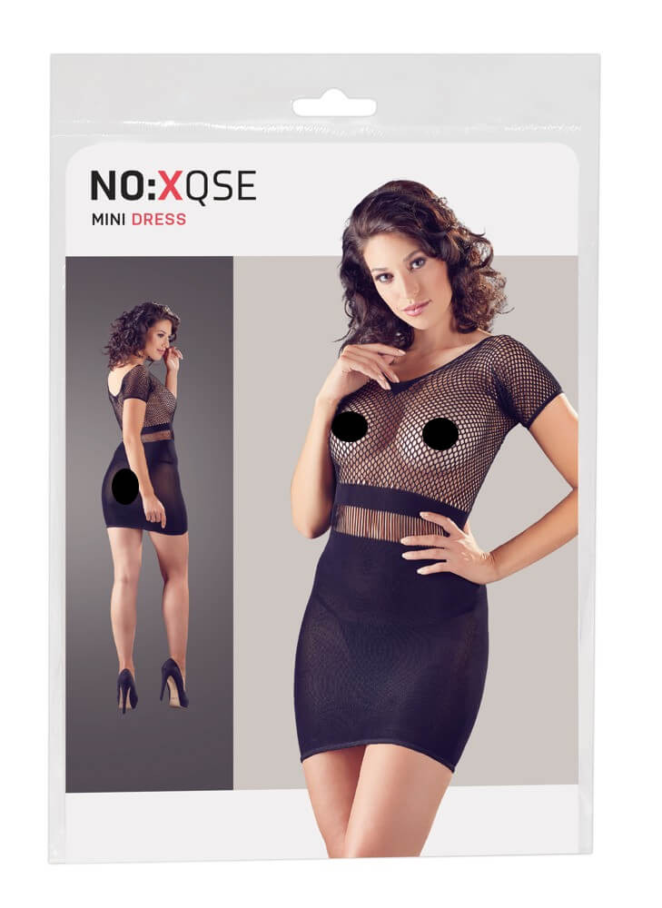 NO:XQSE - rövidujjú, necc betétes ruha tangával - fekete (S-L)