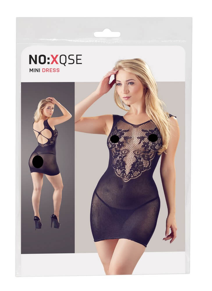 NO:XQSE - virágos, necc betétes ruha tangával - fekete (S-L)